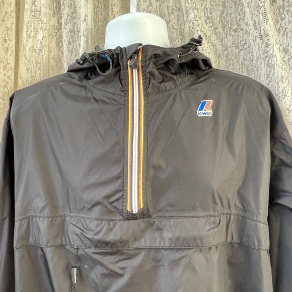 K-Way Jacket Size XXL Black Packable Windbreaker Hooded 1/4 Zipper Waist Bag - Picture 3 of 6